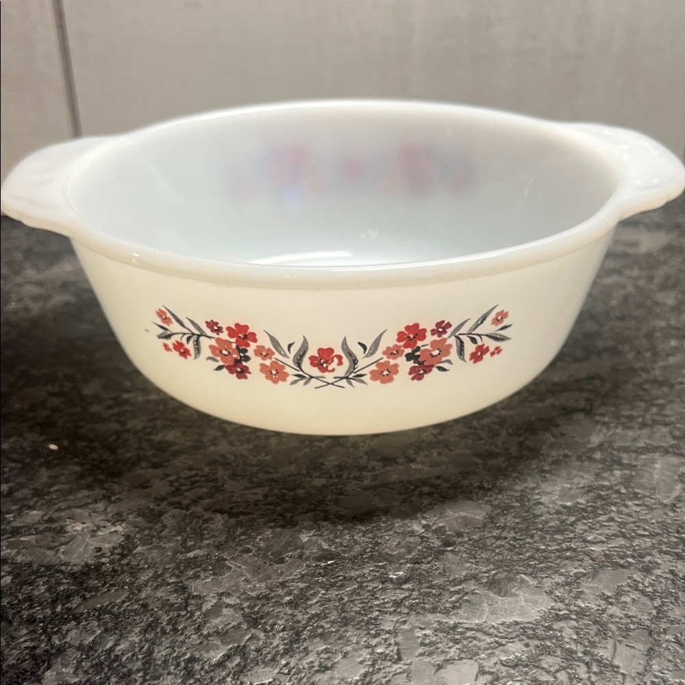 Vintage Fire King Primrose Floral Patterned White Casserole dish Scalloped edge
